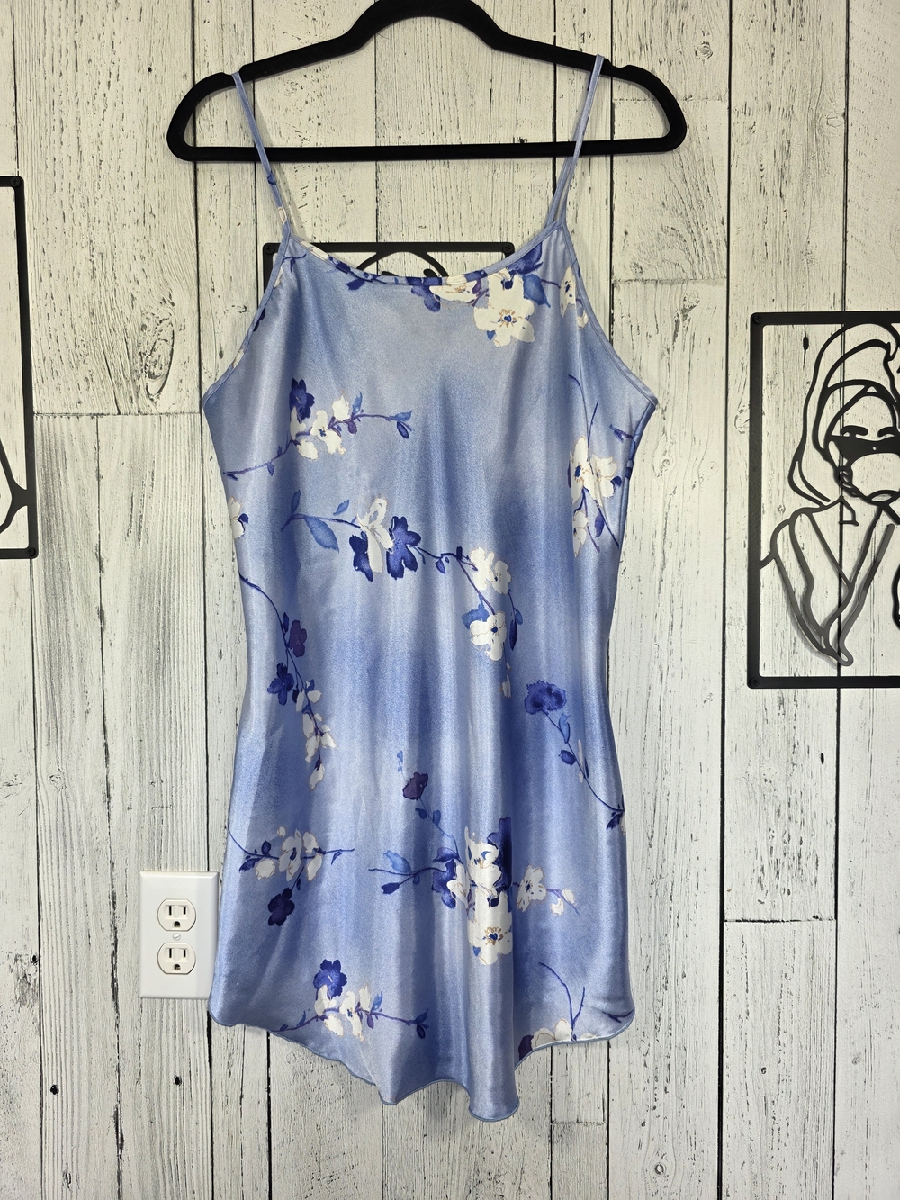 Vintage Secret Treasures Blue Floral Satin Slip Dress Medium Made in Canada
